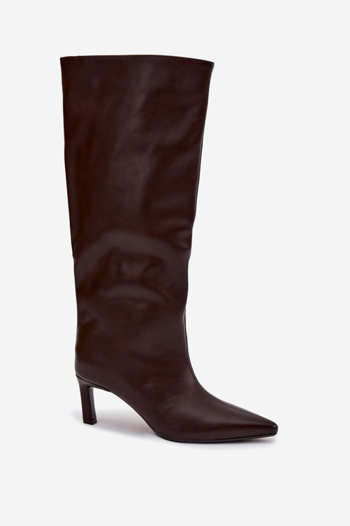 Жіночі чоботи на високому підборі з прошивкою шоколадні Olyvia