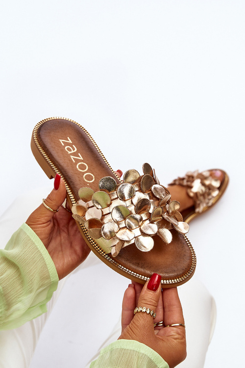 Золоті жіночі шкіряні тапочки на плоскій підошві Zazoo 40381