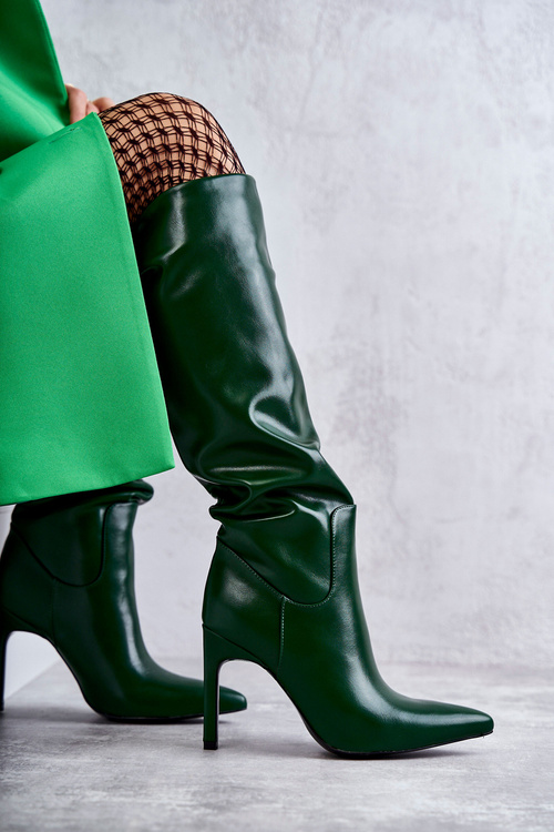Шкіряні Чоботи На Шпильці Зелена Риса