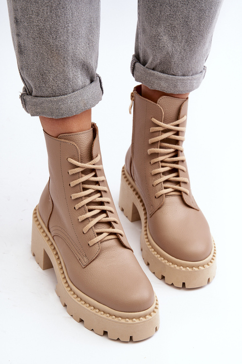 Бежеві шкіряні жіночі ботильйони Zazoo 3413 на масивному каблуці