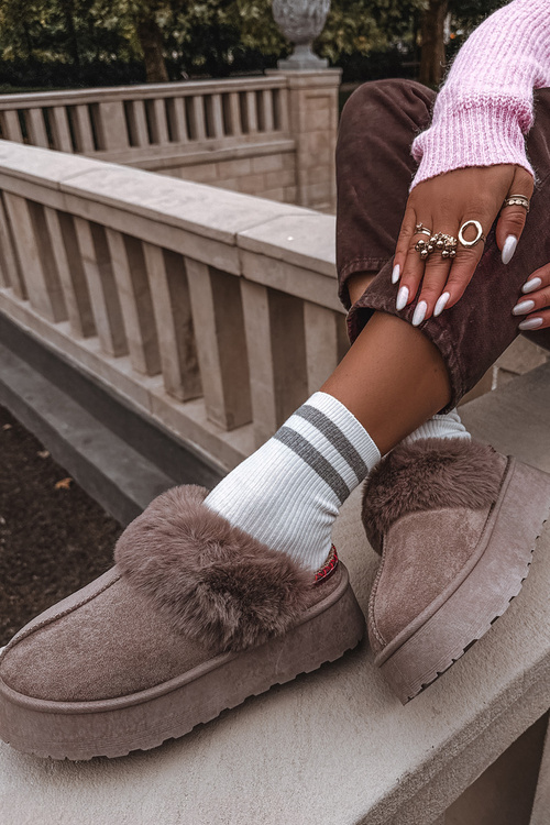 Жіночі зимові Уггі черевики на платформі з хутром і вишивкою темно-бежеві Querina