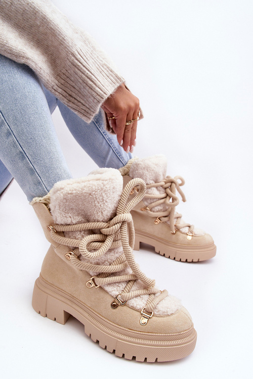 Жіночі снігові черевики на шнурівці світло-бежеві шалі