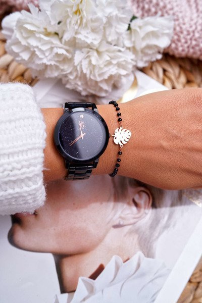 Жіночий браслет-ланцюжок із золотих чорних намистин, листя Muser