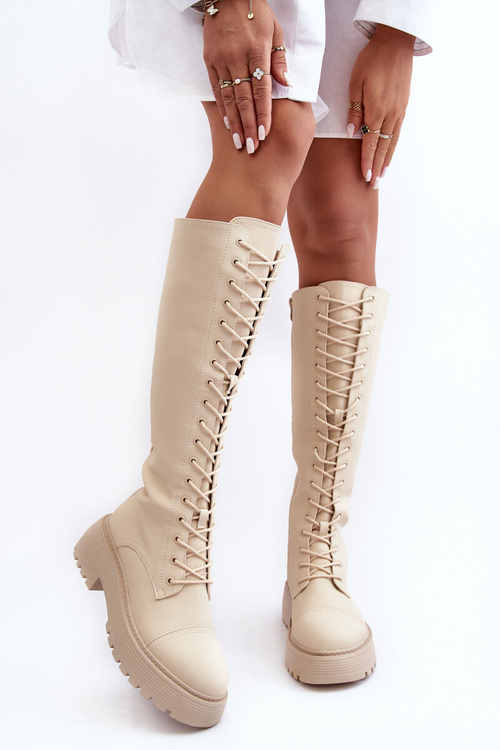 Жіночі утеплені чоботи на шнурівці Glany вище коліна, бежевого кольору Bergdis