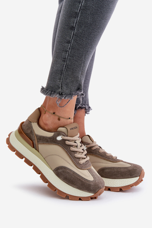 Жіночі кросівки на платформі з натуральної шкіри бежеві Vinceza 41465