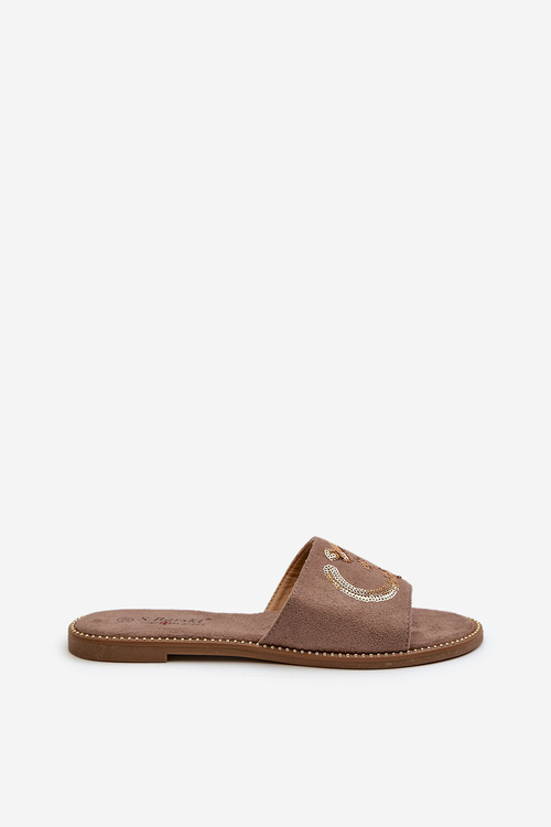 Жіночі тапочки на плоскій підошві з паєтками S.Barski KV27-052 Коричневий