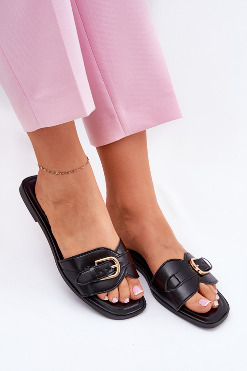 Плоскі Жіночі Сандалі З Золотою Пряжкою Чорні Esiobb