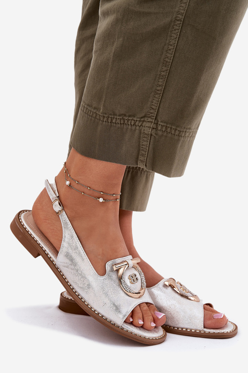 Елегантні сандалі з декором на плоскому підборі S.Barski KV51-003 срібні