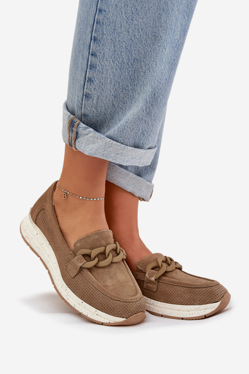 Замшеві мокасини на платформі з ланцюгом D&A TW552 коричневі