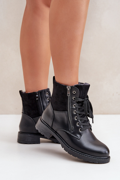 Утеплені черевики на плоскому каблуці еко шкіра чорні Naoise