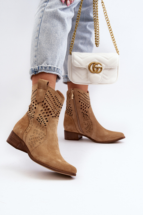 Zazoo 3305/2 Жіночі ковбойські чоботи з вирізом на низькому каблуці, замшеві бежеві