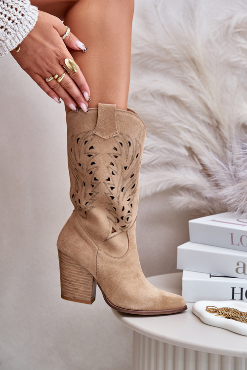 Замшеві чоботи Lewski 3609 Beige на високих підборах з вирізом