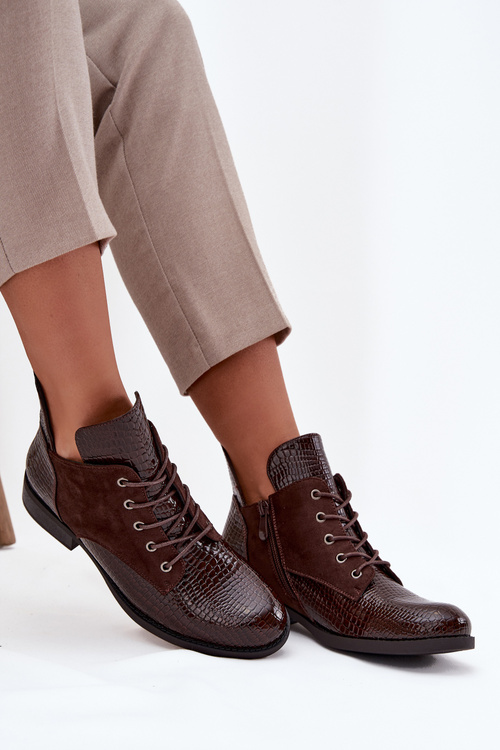 Лаковані жіночі черевики з декоративним тисненням теплі Vinceza 16477 коричневі