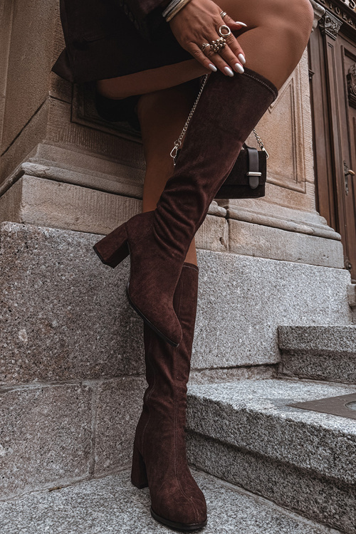 Жіночі чоботи на високому підборі з еко замші шоколадні Yelisse