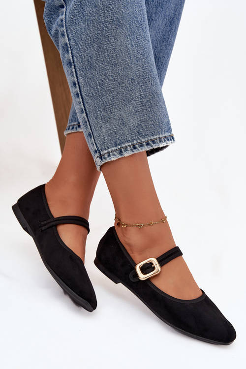 Балерінки з ремінцем і золотою пряжкою еко замшеві чорні Adelora