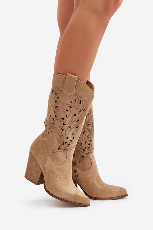 Замшеві чоботи Lewski 3609 Beige на високих підборах з вирізом