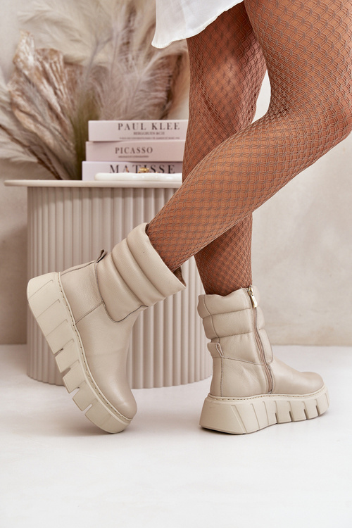 Zazoo 60512 Жіночі шкіряні ботильйони на блискавці, утеплені фетром, світло-бежеві