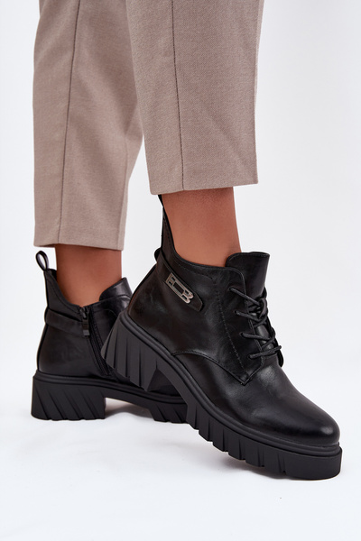 Низькі утеплені жіночі черевики на підборах з оздоблювальним ремінцем Чорні Therisse