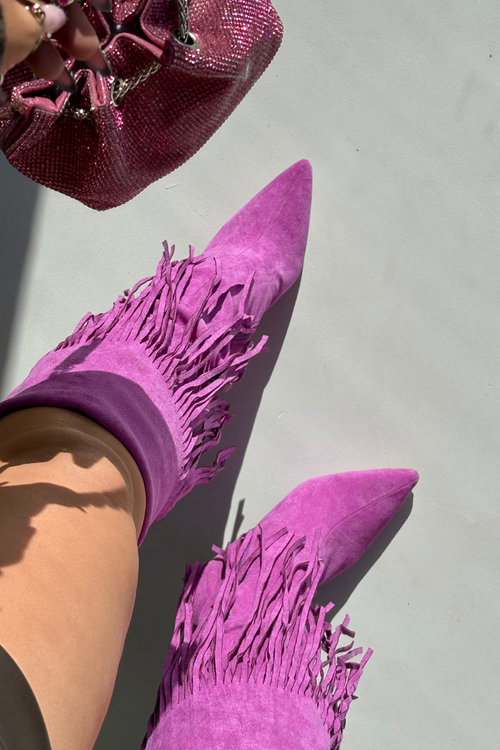 Жіночі чоботи на високому каблуці з бахромою фіолетові Isalune