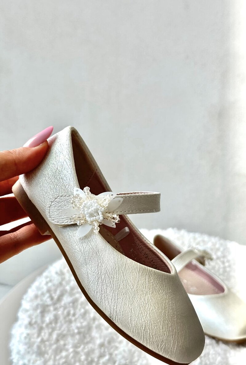 Бежеві блискучі дитячі туфлі-балетки із застібкою-липучкою Jeylin