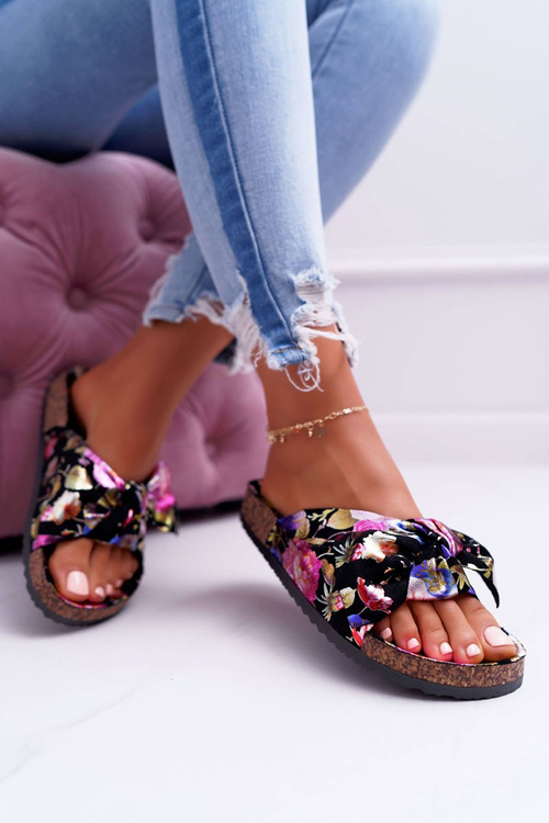 Жіночі шльопанці з пробковою підкладкою, чорні, квіткові Wendy