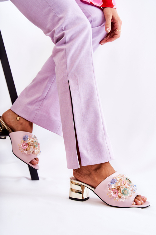 Шкіряні жіночі тапочки на підборах з декором Рожева калінда