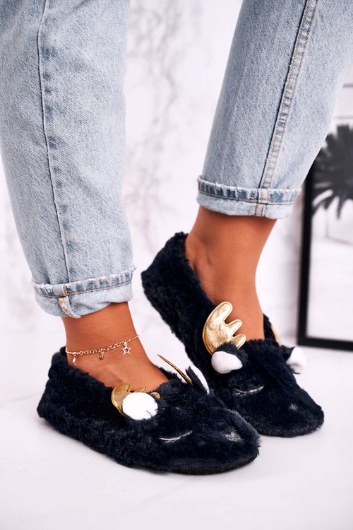 Різдвяні утеплені пухнасті тапочки темно-сині Jingle Bells