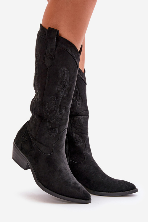 Жіночі ковбойські чоботи на низькому каблуці з чорної екозамші Ligelia