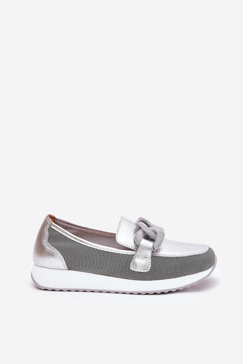 Шкіряні Жіночі Мокасини З Декором D&A LR51-966 Сріблясті