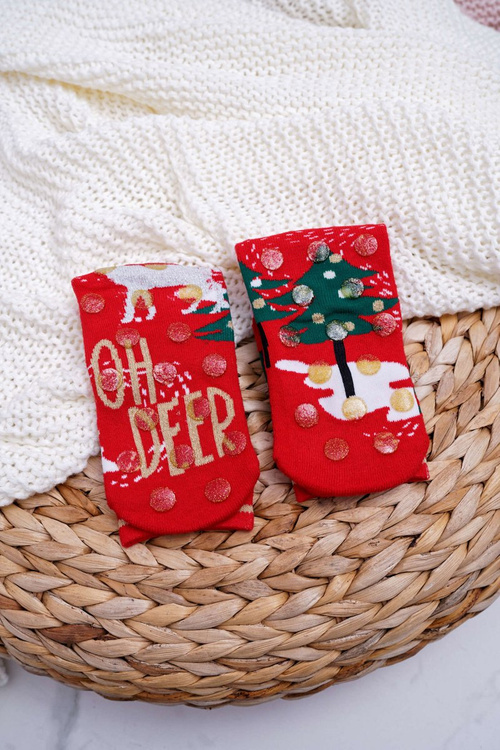 Жіночі новорічні шкарпетки протиковзаючі червоні OH DEER