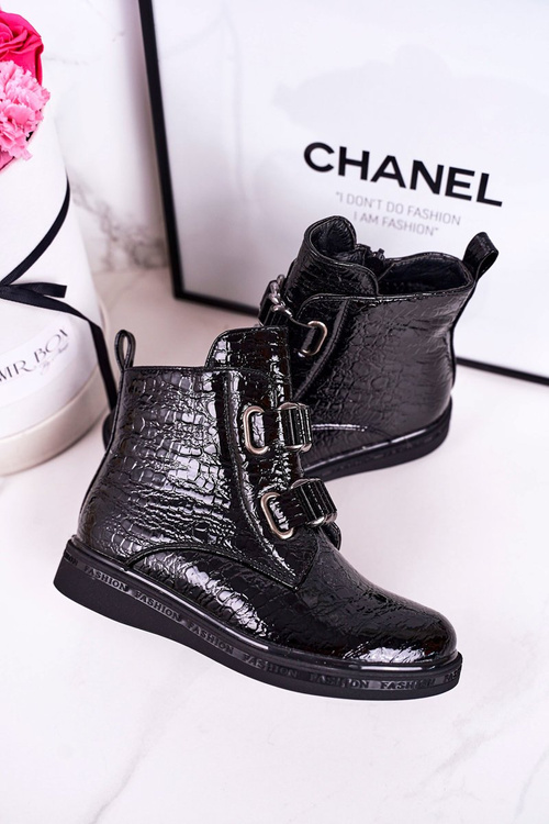 Дитячі утеплені черевики блискучі чорні з тваринним принтом Maya