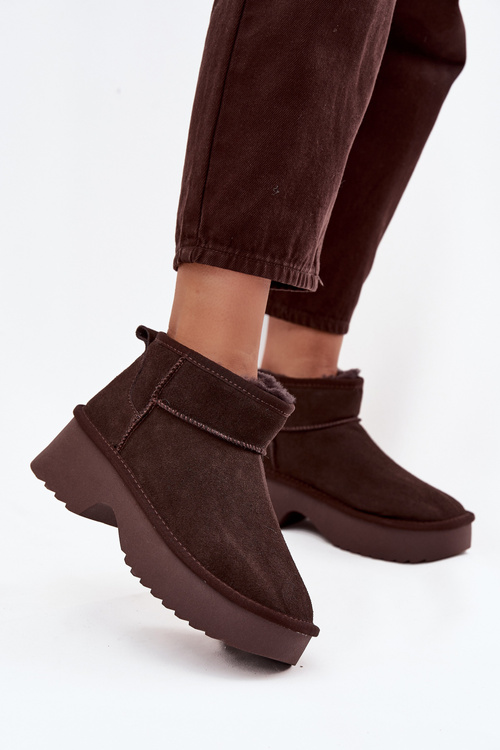 Жіночі зимові черевики/ Угги з натуральної замші утеплені хутром шоколадні Milora