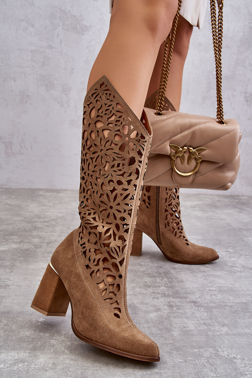 Замшеві ажурні чоботи Zazoo 3234 Темно-бежеві