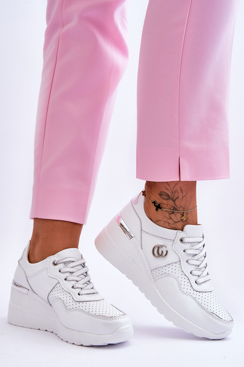 Жіноче шкіряне спортивне взуття біло-сріблястого кольору Rebeca