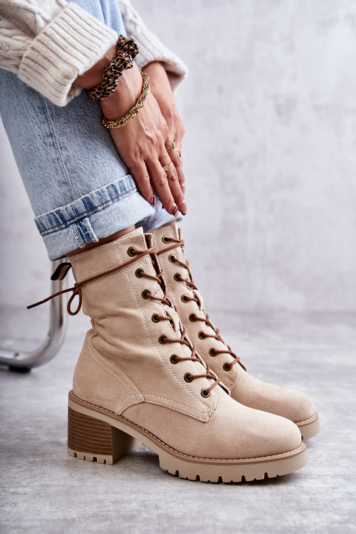 Жіночі теплі чоботи на високому каблуці бежеві Julieta