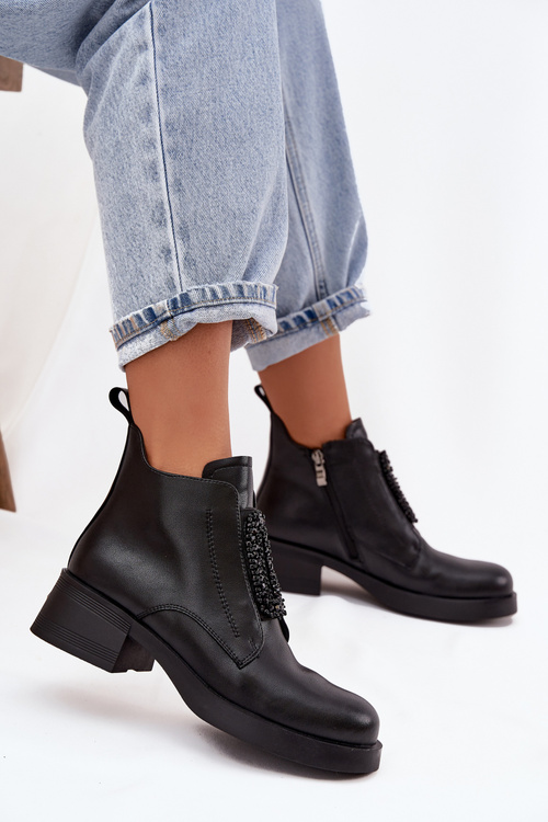 Шкіряні жіночі ботильйони на каблуці з оздобленням D і JC52-869 Чорні