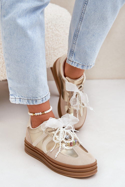 Жіночі Кросівки На Платформі З Декораціями Бежево-Золоті Vinness