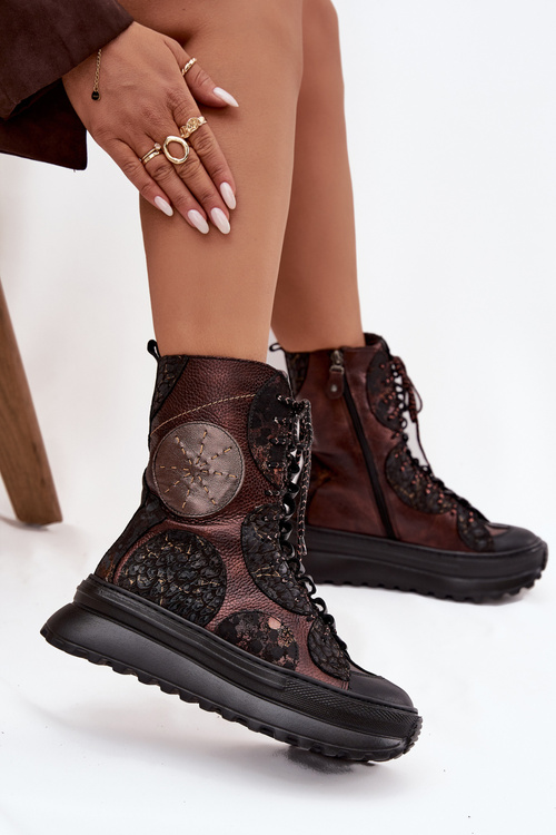 Шкіряні чоботи на платформі з підкладкою Maciejka 06565-02 коричнево-золоті