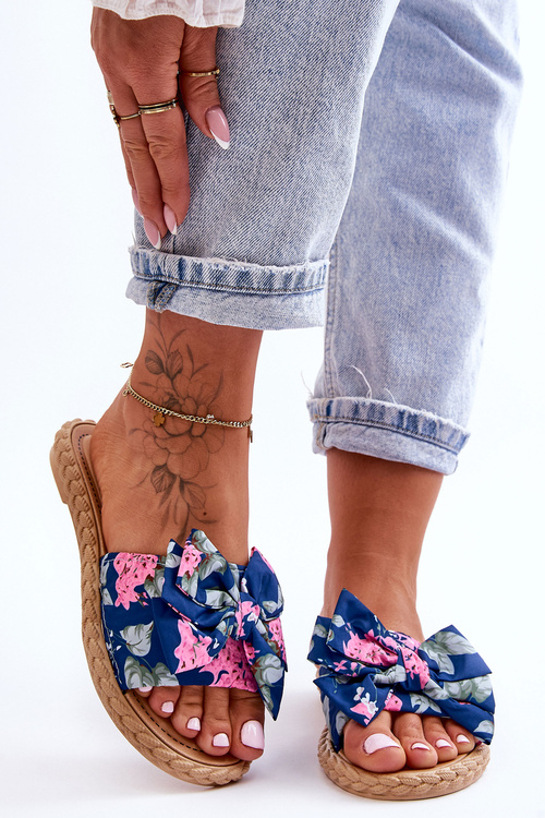 Жіночі тапочки з тканинним бантом темно-сині Blossom