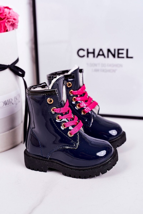 Дитячі чоботи утеплені хутром блискучі темно-сині Pinkie