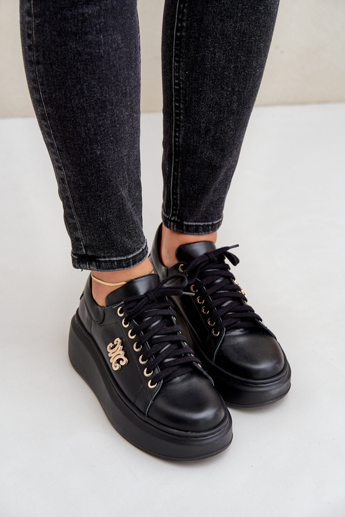 Кросівки З Природної Шкіри На Платформі Золота Декорація Левський 3428 Чорні