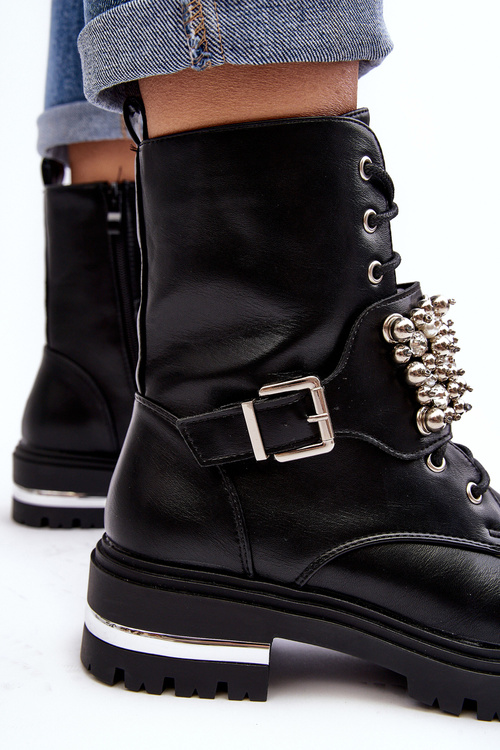 Жіночі утеплені робочі черевики з декором чорного ленна