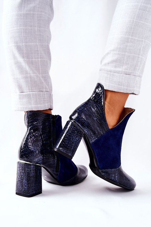 Жіночі шкіряні чоботи на каблуці темно-сині I Wish