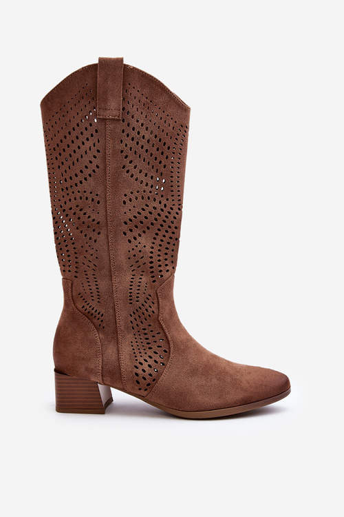 Коричневі ажурні чоботи Walea на низькому каблуці
