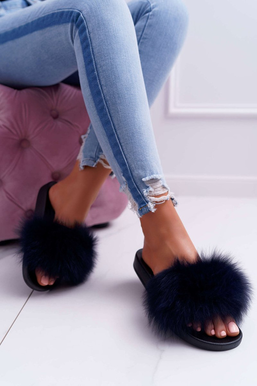 Жіночі шльопанці з натуральним хутром темно-сині Naturis