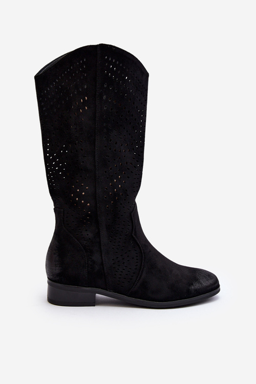 Ажурні жіночі чоботи Zazoo 3403 на низькому каблуці коричневі