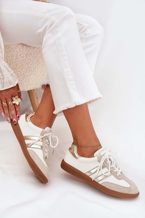 Низькі шкіряні кросівки для жінок біло-золоті Ismina