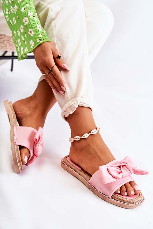 Жіночі тапочки з тканинним бантом рожеві Ginna