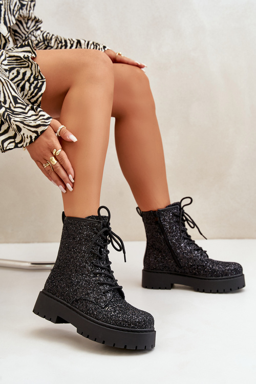 Жіночі робочі черевики утеплені, прикрашені паєтками чорного ліатеїну