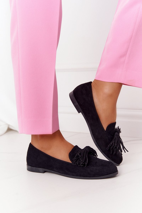 Замшеві жіночі лофери з бахромою Чорні Alicante